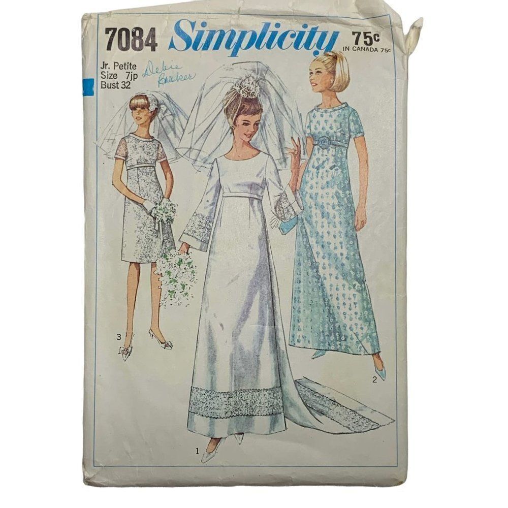 Vintage 60s Simplicity 7084 Pattern Jr Misses 5-16 Wedding Bridesmaid Dess Uncut